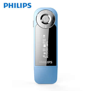 藍色Philips MP3播放器，圓形控制及屏幕顯示曲目詳情。 — 音樂 GIF 壁紙