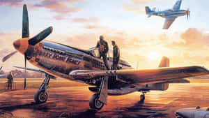 兩名飛行員站在P-51野馬戰鬥機上，夕陽下另一架飛機從頭頂飛過。