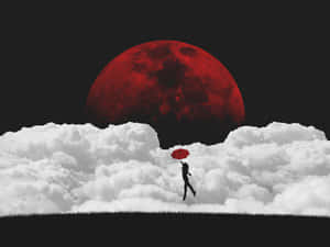 一個人在雲端行走的剪影，手持紅色雨傘，下方是紅色月亮。