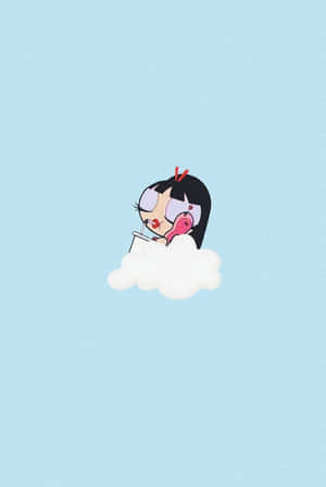 黑髮紅蝴蝶結的卡通女孩坐在藍天中的雲朵上。 — 飛天小女警 壁紙