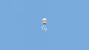 一個戴著眼鏡和領結的卡通臉孔，位於藍色背景上的「Up」字上方。 — 極簡美學 壁紙