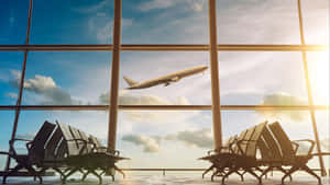 空蕩蕩的機場椅子面向大窗戶，飛機升入晴朗的天空。