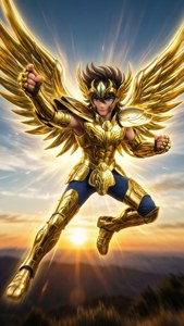 金色盔甲動漫英雄展翅飛翔於日落天空。