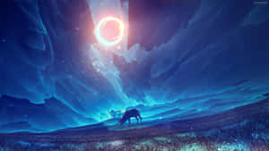一隻鹿在超現實的藍色外星田野中，在一個發光的環狀太陽下吃草。