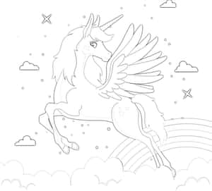 有翼獨角獸在彩虹和雲朵上飛翔的填色書風格。 — 彩虹 壁紙