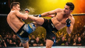 兩名男性拳手在MMA籠中搏鬥，一人踢向另一人。