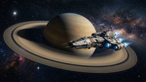 一艘帶有藍色引擎的太空船，在充滿星星的星系中靠近一個環狀行星飛行。