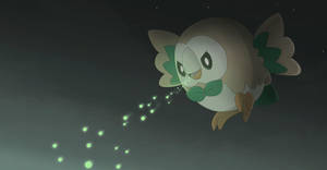一隻發光嘅綠色貓頭鷹小精靈飛過滿天星斗嘅夜空。