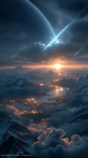 雪山俯瞰夕陽下的城市，天空中有行星和流星 — 太空 壁紙