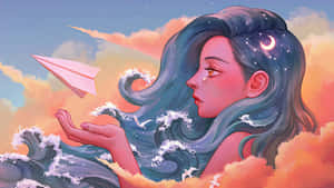 擁有星空頭髮的女孩在海洋波浪和夕陽雲彩中放出一架紙飛機。