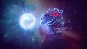 一隻發光的藍色宇宙生物在繁星點點的星雲背景下釋放出明亮的能量球。