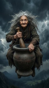 一位擁有狂野灰髮的老女巫坐在浮空的臼上，在雷電交加的暴風雨天空下。