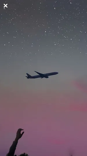一隻手伸向在星夜粉紅和紫色天空下飛行的飛機。