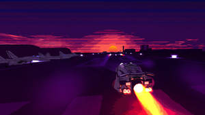 未來風格噴射機，引擎發光，在夕陽下沿跑道疾馳。 — Outrun 壁紙