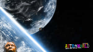 巨大的外星人頭部在太空中看著地球和月球，帶有 AstroWorld 標誌。