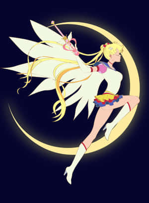 Sailor Moon以魔法形態持劍跳躍對抗彎月。
