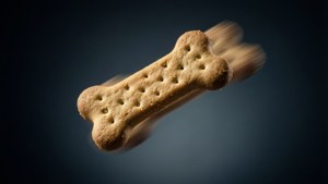骨形狗零食在深色背景上漂浮，帶有動態模糊效果