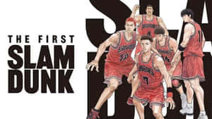 穿著紅色制服的動漫籃球隊以「The First Slam Dunk」標題動態擺姿勢。