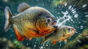 食人魚在渾濁的綠色水中攻擊小魚，水花四濺。