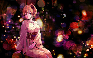 動漫女孩穿著粉紅色和服，夜晚被發光的燈籠包圍。 — 日本武士 壁紙