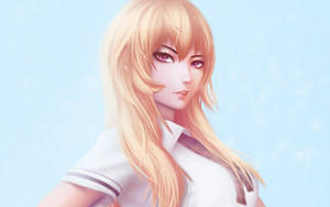 金髮紫眼的動漫女孩，穿著白色校服襯衫，背景為藍色。 — 動漫情侶 壁紙