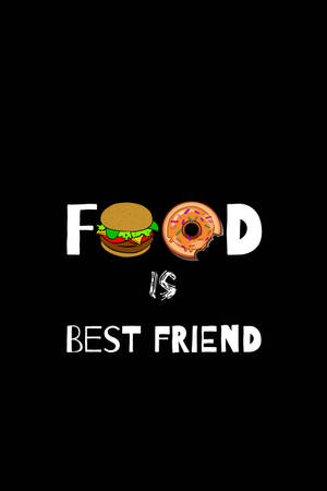 文字圖形寫著「Food is best friend」，以漢堡和冬甩圖示取代字母。