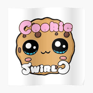 一個微笑的卡通曲奇，有朱古力粒和藍色牙齒，標籤為 Cookie Swirl。