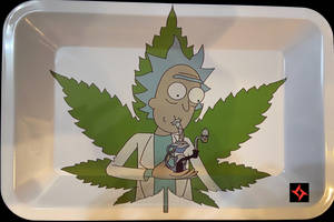 卡通科學家在白色托盤上的大綠色大麻葉內吸煙斗。