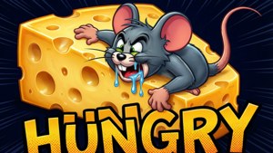 卡通老鼠在巨大芝士塊上流口水，帶有「HUNGRY」文字。