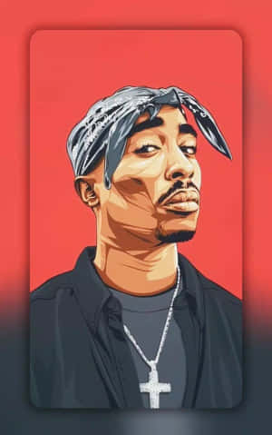 Tupac Shakur 戴著頭巾和十字架項鍊，背景為紅色。