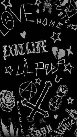 黑色背景上的白色塗鴉塗鴉，包括骷髏頭、玫瑰、星星以及exit life和lil peep等文字。