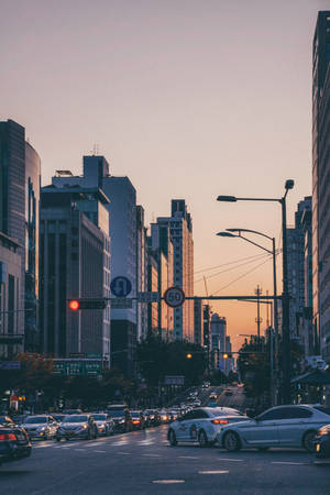 日落時分的城市街道，汽車和高樓大廈在溫暖的金色光芒下。