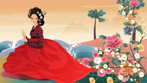 日落時分，身著傳統韓服的女士被盛開的花朵環繞。 — 韓國 壁紙