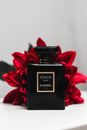 黑色 Chanel Coco Noir 香水瓶，後面有紅色花朵，放在白色表面上。
