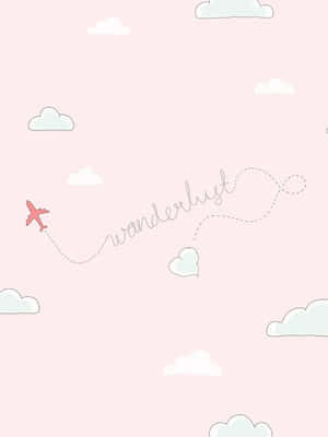 粉紅色飛機飛過雲層，留下一條點狀軌跡，拼出wanderlust。