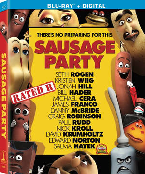 《Sausage Party》的動畫電影海報，展示表情豐富的食物角色。 — Motorola Razr Ultra 2025 壁紙