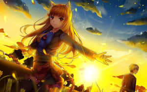 貓耳動漫女孩伸手觸向發光的太陽，金色樹葉在天空中飄浮。