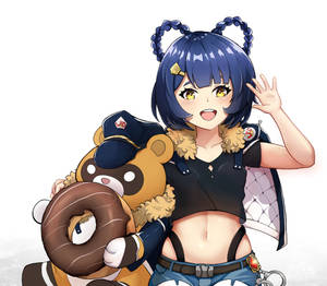 動漫女孩揮手拿著冬甩和穿著警察制服的泰迪熊 — 唐人街 GIF 壁紙