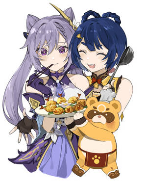兩個動漫女孩和一隻熊公仔開心地拿著一盤炸小食。 — 尚氣 壁紙