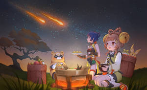 兩個女孩和一隻熊在流星劃過的星空下，圍著營火分享一頓餐點。 — 中文 壁紙