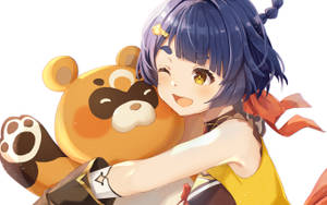 藍色頭髮嘅動漫女仔攬住一個大橙色熊公仔。 — 2560x1600 壁紙