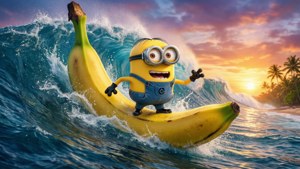 Minion在熱帶日落的海浪上衝浪香蕉