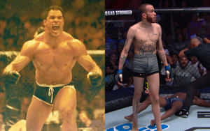 八角籠中兩名MMA拳手，一名慶祝勝利，另一名站在對手之上。