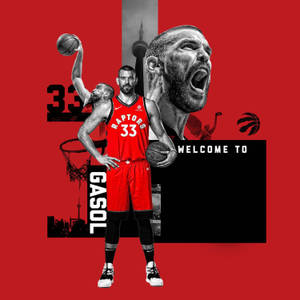 Marc Gasol 身穿多倫多 Raptors 球衣，搭配城市天際線和籃球動作鏡頭。 — 抽象藝術 壁紙