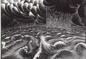 戲劇性的黑白插圖，描繪暴風雨中的海洋波浪在暴雨和漩渦雲層下翻騰。