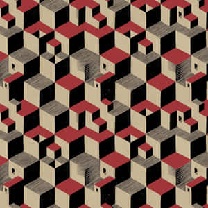 重複的3D立方體圖案，顏色為紅色、黑色和米色，帶有條紋陰影。