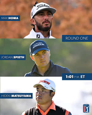 三位職業高爾夫球手 Max Homa、Jordan Spieth 和 Hideki Matsuyama 的比賽肖像。