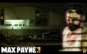 Max Payne 喺霓虹燈廚房入面，表情嚴肅。