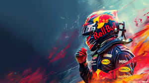 穿著紅牛裝備的F1車手在熾熱背景下慶祝勝利。