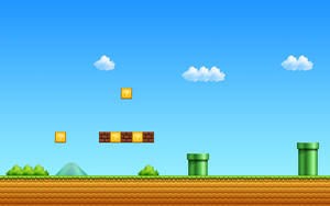 經典 Mario 遊戲關卡，有管道、問號方塊和磚塊平台，背景是藍天 — 視窗 壁紙